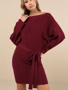 Lulu's Burgundy Long Sleeve Sweater Dress with Tie Waist